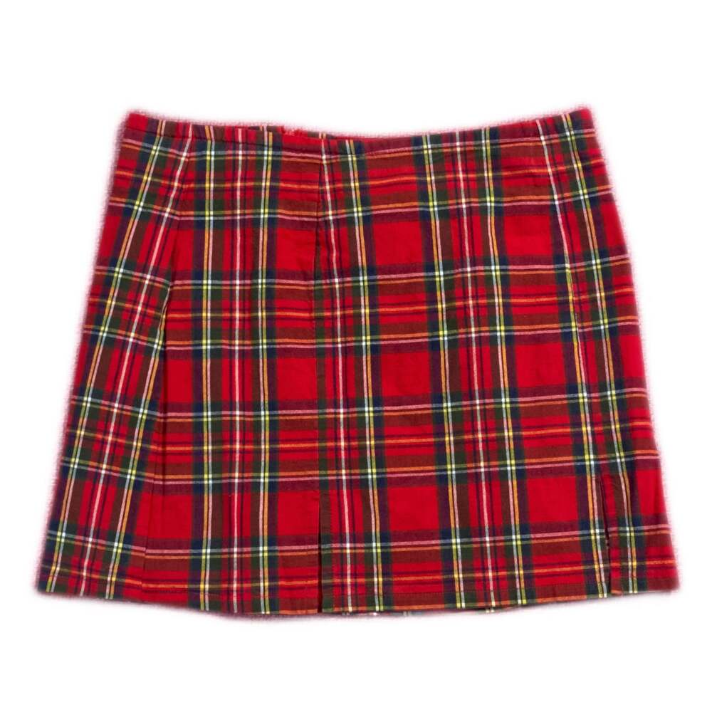 Red Plaid Pleated Mini Skirt with mini slit
